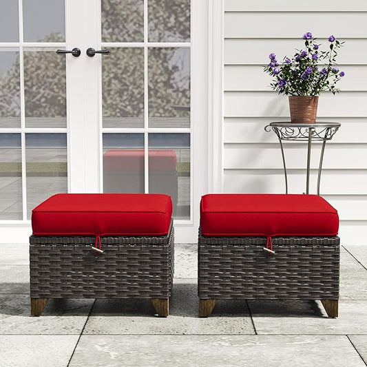2 Pieces Patio Outdoor Ottomans with Removable and Washable Covers，PE Rattan Wicker Footstools for Porch, Garden, Sunroom (Red)