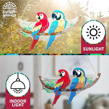 Macaw Bird Stained Glass Suncatcher on Branch 6.4" x 4" Indoor Window Decoration, Ideal Gift for Bird Lovers