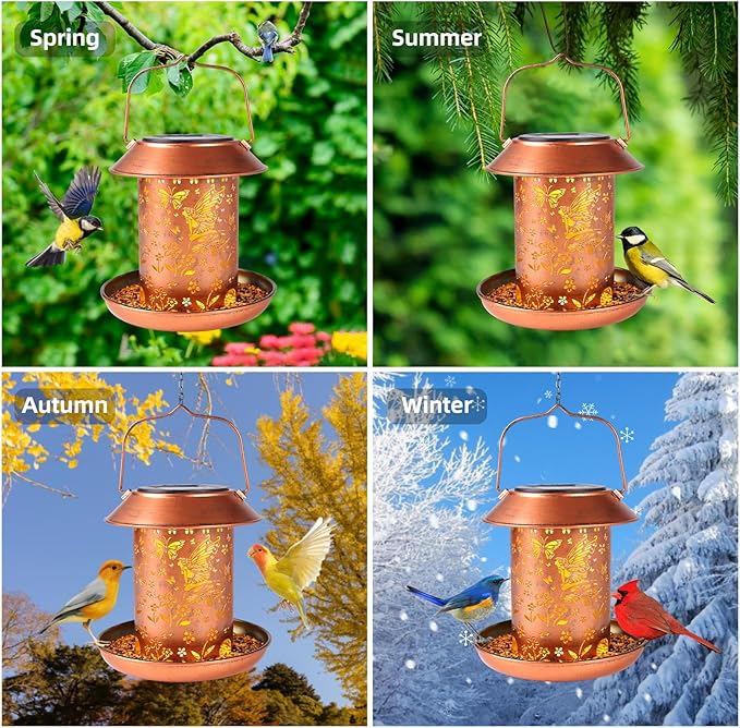 Solar Bird Feeders for Outdoors Hanging Metal Waterproof Outdoor Butterfly Lantern Bird Feeder Weather Resistant Gifts for Women Friends Lovers, Patio, Deck, Garden Christmas Decor