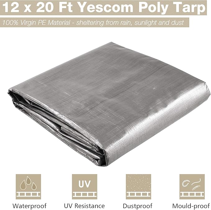 Yescom 12x20 Ft 14 Mil Heavy Duty Reinforced Poly Tarp Reversible Waterproof Tarpaulin Ground Sheet Cover Reversible Silver Black Tarps