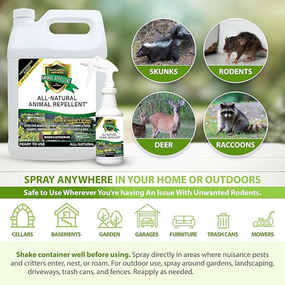 Natural Armor Animal & Rodent Repellent Spray. Repels Skunks, Raccoons, Rats, Mice, Deer Rodents & Critters. Repeller & Deterrent in Powerful Peppermint Formula – 128 Fl Oz Gallon Refill RTU