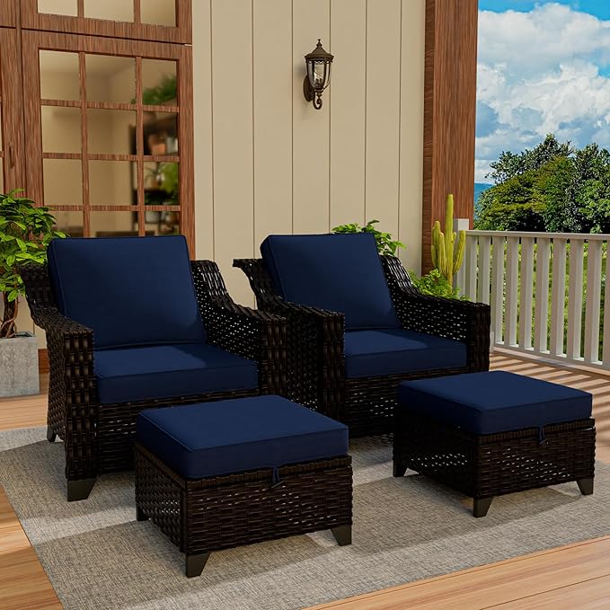 Vista Vibe 4 Pieces Outdoor Patio Conversation Furniture Set - 2 Luxurious Armchairs | 2 Wicker Ottomans, Removable Cushions, Hand-Woven PE Rattan, Office, Porch (Brown/Navy)
