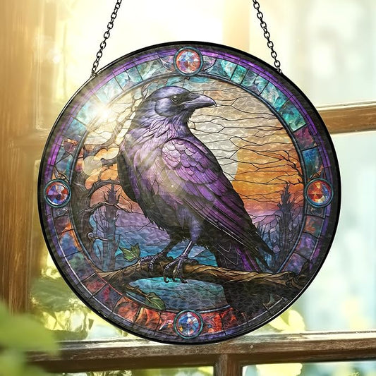 FLAGWIX Christmas Raven Decor - Crow Stained Glass Window Hanging 10 in - Black Crow Sun Catchers Indoor Window for Gothic Home Decor, The Raven Gifts for Women Friends Family, Christmas Decorations