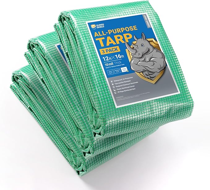 GUARD SHIELD Clear Green Tarp Heavy Duty 12x16 Feet Waterproof for Greenhouse Outdoor Garden Poly Cover UV Resistant 3x3 Weave 10mil (3-Pack)
