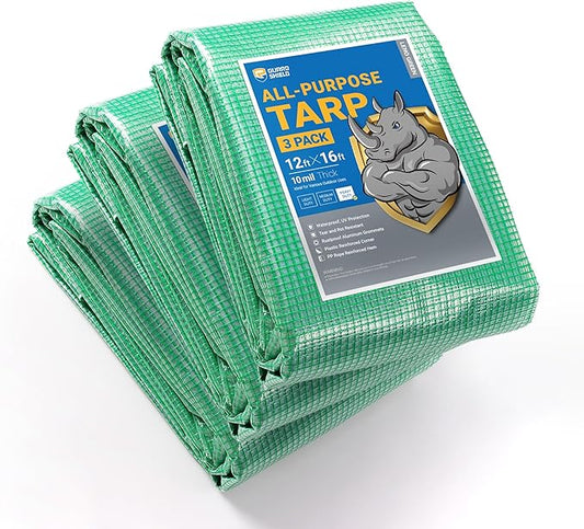 GUARD SHIELD Clear Green Tarp Heavy Duty 12x16 Feet Waterproof for Greenhouse Outdoor Garden Poly Cover UV Resistant 3x3 Weave 10mil (3-Pack)