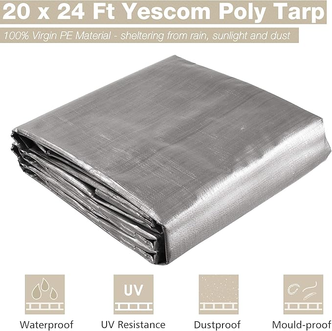 Yescom Large Tarps Waterproof 10 Mil Heavy Duty Reinforced Poly Outdoor Tarp 20' x24' with Grommets for Outdoor Camping Tent Boat Silver & Black