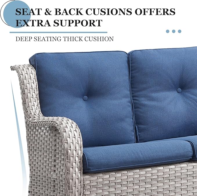 6 Pieces Patio Furniture Set with Fire Pit Table, Wicker Rattan Outdoor Furniture Set with Loveseat and Swivel Chairs for Yard, Deck, Garden, Light Beige Wicker/Blue Cushion