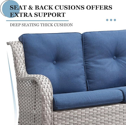 6 Pieces Patio Furniture Set with Fire Pit Table, Wicker Rattan Outdoor Furniture Set with Loveseat and Swivel Chairs for Yard, Deck, Garden, Light Beige Wicker/Blue Cushion