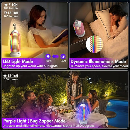 Bug Zapper Outdoor with Colorful Lighting and Auto-Sensing, 3 in 1 Cordless 4000mAh Battery Electric Fly Trap, Rechargeable Mosquito Zapper for Camping, Patios, Garden, Kitchen (2Pack-Pink)