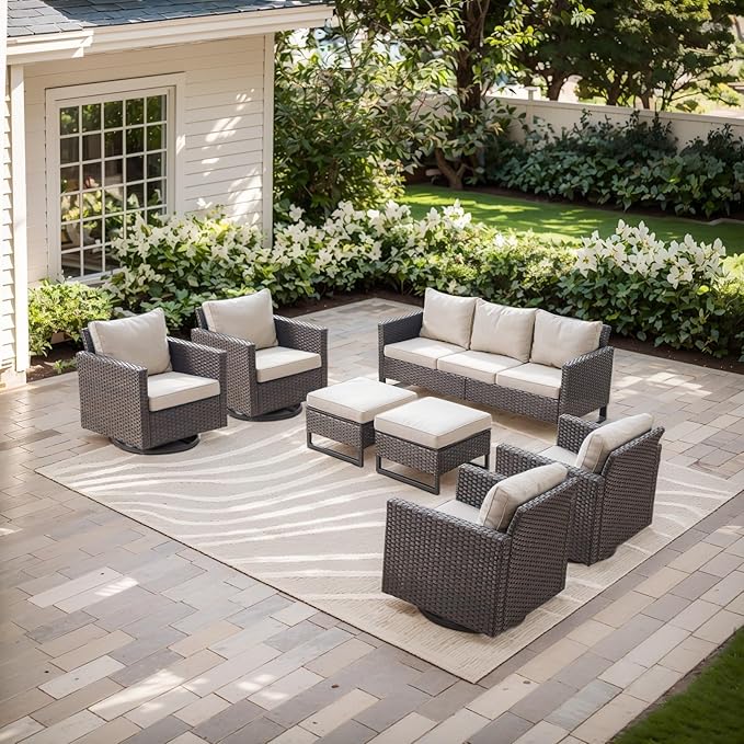 Rilyson Wicker Outdoor Patio Furniture Set - 7 Piece Patio Conversation Set with 4 Swivel Rocker Chairs,2 Rattan Ottoman and 1 Couch for Outside Porch Deck Backyard(Brown/Beige)