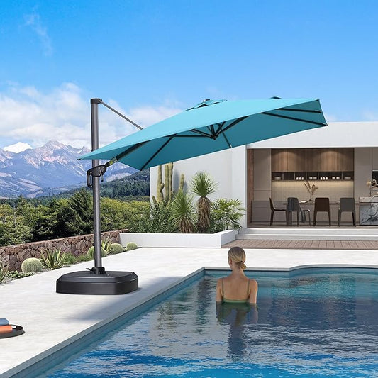 PURPLE LEAF 8' X 8' Patio Umbrella with Wheeled Base for Pool 7' High Offset Outdoor Cantilever Umbrella Swimming Pool Umbrella with 360°Rotation for Poolside Turquoise Blue