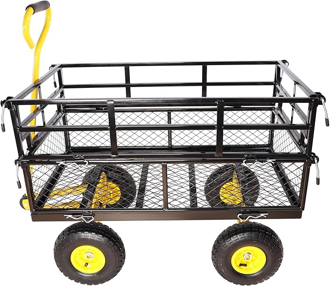 Heavy Duty Garden Wagon with Foldable Sides, Pneumatic Tires, Adjustable Handle (Yellow + Black Double Layer)