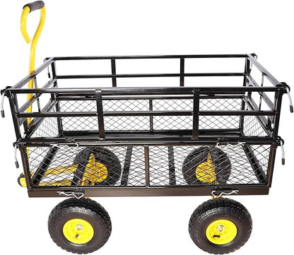 Heavy Duty Garden Wagon with Foldable Sides, Pneumatic Tires, Adjustable Handle (Yellow + Black Double Layer)