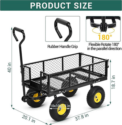 Heavy Duty Garden Cart On Wheels - 880LBS Metal Wagon with 10" Pneumatic Wheels, 180° Rotating Handle & Removable Sides - All-Terrain Yard Wagon for Farm, Beach & Outdoor Use
