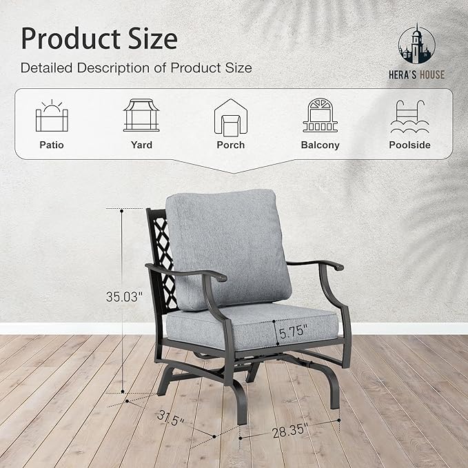 HERA'S HOUSE Outdoor Chairs Set of 2, 2 x Patio Chair with Grey Cushions, All Weather Outdoor Furniture for Lawn Garden Backyard Deck(Rocking Chairs)