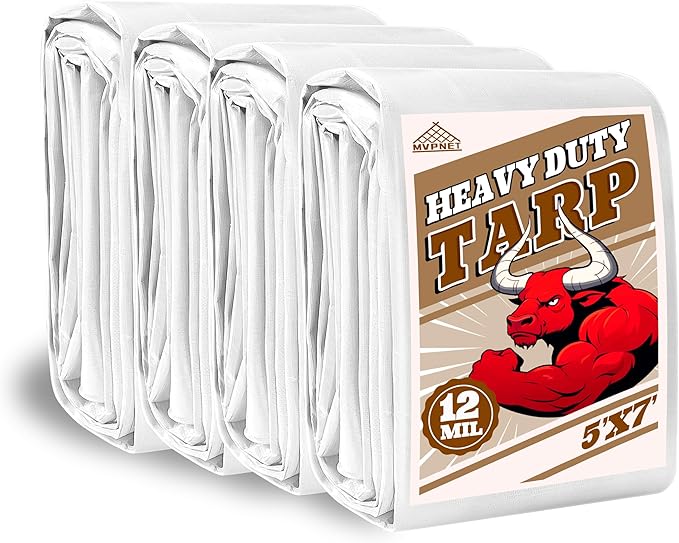 Tarp 5x7(4packs) ft Heavy Duty 12mil 100% Waterproof High Durability Multipurpose,Uv Resistant,White Tarp Suitable for Swimming Pools, Boats, Camping, Courtyards, Etc -by MVPNET