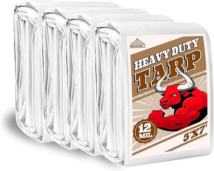 Tarp 5x7(4packs) ft Heavy Duty 12mil 100% Waterproof High Durability Multipurpose,Uv Resistant,White Tarp Suitable for Swimming Pools, Boats, Camping, Courtyards, Etc -by MVPNET