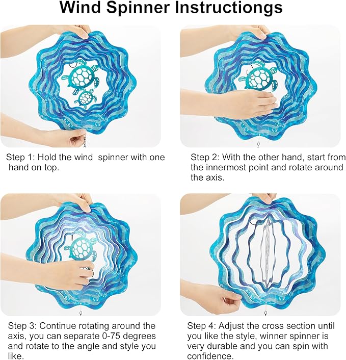 Sea Turtle Hanging Wind Spinners - 12 Inch 3D Kinetic Outdoor Large Metal Wind Spinner Blue Wave and Turtle Pattern with Starfish Pendant for Yard and Garden Decoration Laser Cut Sculpture Art