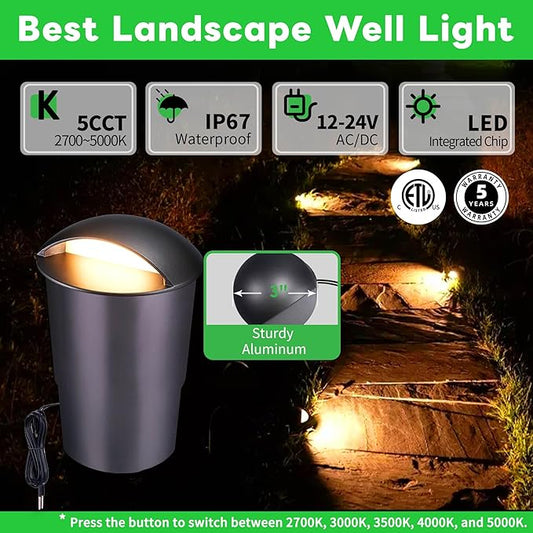 Low Voltage Well Lights - 5 Colors Temp IP67 In-Ground Light, 2700K/3000K/3500K/4000K/5000K Outdoor 12V LED Turret Top Landscape Lighting, ORB Aluminum for Pathway Deck Patio 3W 170LM