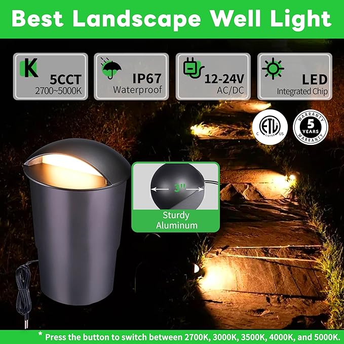 Outdoor Well Lights - Warm White & Cool White 12V Ground Fixture, IP67 Waterproof LED Hard-Wired Inground Directional Landscape Lighting, ORB Aluminum for Path Backyard House 3W 170LM 6 Pack
