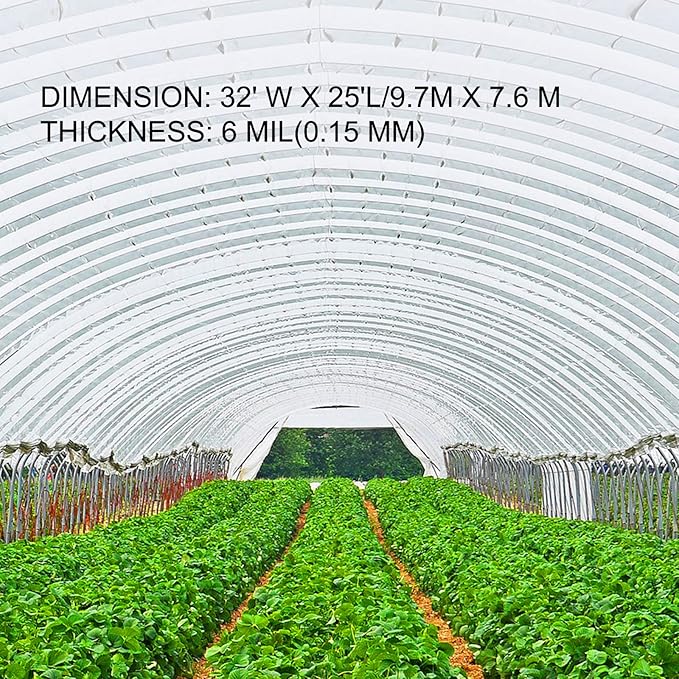 VEVOR Greenhouse Plastic Sheeting 32 x 25 ft, 6 Mil Thickness UV Resistant Clear Polyethylene Film, Hoop Green House Cover for Farms, Agriculture, Garden