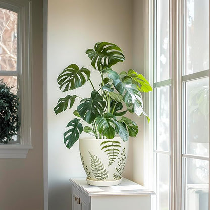 Ceramic Plant Pot 8.2 Inch - Ceramic Planter for Indoor Plants, Boho Round Decorative Outdoor Flower Pot with Drainage Hole and Saucer, Housewarming Gifts, Office Home Garden Decor, White