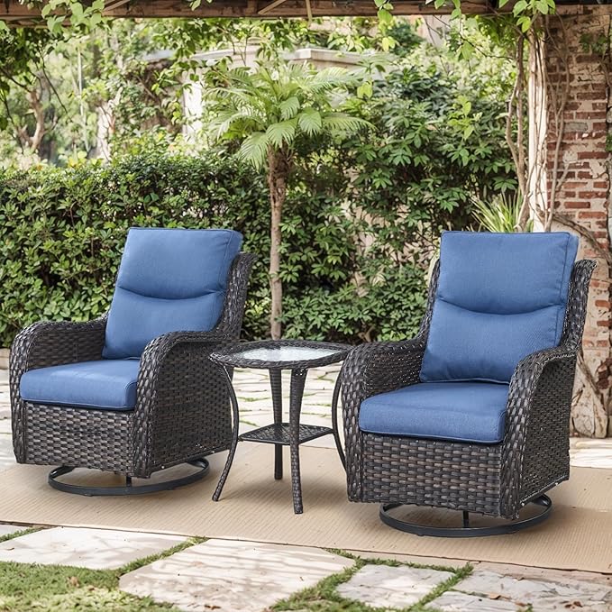 Patio Luxury Conversation Set 6PCS Resin Wicker Swivel Chairs Set, 4 Swivel Patio Chairs with Rattan Side Table and 30in Square Wicker Fire Table Set Brown Wicker|Blue Cushions