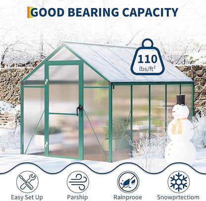 6 x 10 FT Greenhouse, Greenhouses for Outside, Polycarbonate Greenhouse with Aluminum Frame, Lockable Door and Ajustable Roof Vent for Backyard, Green Houses for Outside Garden Backyard, Patio