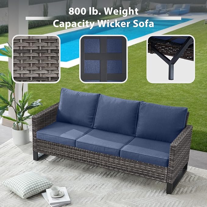 6 Piece Wicker Patio Furniture with Fire Pit Table - Outdoor Conversation Set with 50,000 BTU Fire Pit, All Weather Rattan Patio Set for Deck Backyard Garden - Grey Wicker Blue Cushion