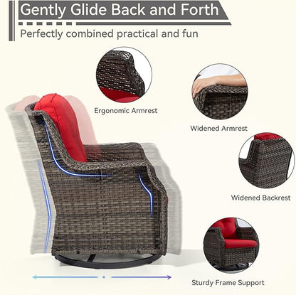 Swivel Patio Chair Outdoors - 360 Degree, Glider Chair with 3.5" Olefin Fabric Cushions (Mixed Grey Rattan/Red)