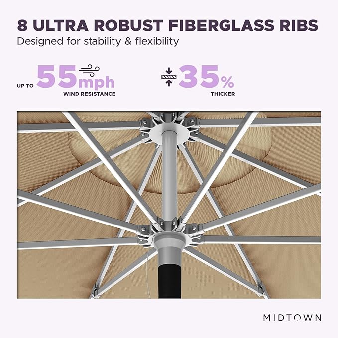 Midtown Umbrellas Push Pop Sunbrella Umbrella 10 Feet Large Outdoor Umbrella With Heather Tan Acrylic Fabric - Deck Patio Umbrella, Backyard Umbrella, Garden Umbrella & Pool Umbrella - Black Pole
