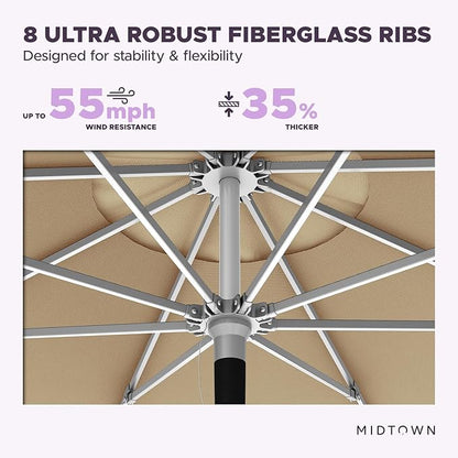 Midtown Umbrellas Push Pop Sunbrella Umbrella 10 Feet Large Outdoor Umbrella With Heather Tan Acrylic Fabric - Deck Patio Umbrella, Backyard Umbrella, Garden Umbrella & Pool Umbrella - Black Pole