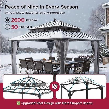 SUNJOY Kingston 14' x 12' Hardtop Gazebo with Galvanized Steel Double Roof, Curtain and Netting, Brown Aluminum Posts Permanent Pavilion Gazebo for Garden, Patio, Deck, Lawn