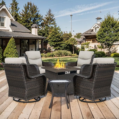 Patio Luxury Conversation Set 6PCS Resin Wicker Swivel Chairs Set, 4 Swivel Patio Chairs with Rattan Side Table and 30in Square Wicker Fire Table Set Brown Wicker|Beige Cushions
