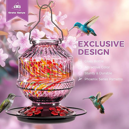Hand Blown Glass Hummingbird Feeders for Outdoors, 25 Ounces Wild Bird Nectar Feeder with Perch & 5 Flower Feeding Ports Leak Proof Hanging for Garden Backyard Decor, Gifts for Women Mom, Purple