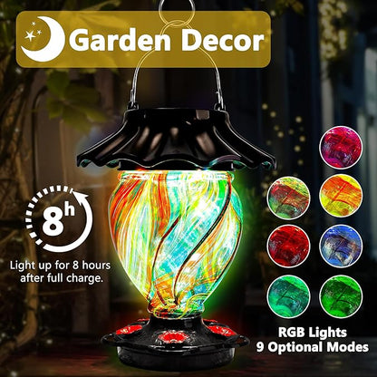 LUJII Solar Powered Color Changing Hummingbird Feeder for Outdoors Hanging, Hand Blown Glass, 35 fl.oz, Leakproof, Illuminated Lantern for Garden Decor, Gift for Bird Lover, 5 Metal Perches, Ribbon