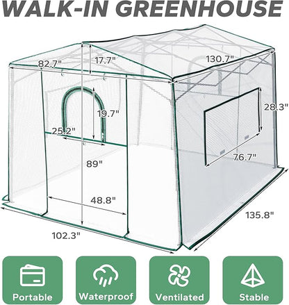 11'x 8.5'x 7.4' Walk-in Greenhouse for Outside & Indoor with 2 Roll-up Zipper Doors, 4 Ventilated Mesh Windows, Patio Plant Gardening Greenhouse for Backyard