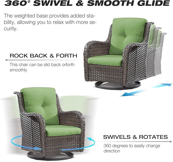 Joyside Outdoor Swivel Rocker Patio Chairs Set of 2 and Matching Side Table - 3 Piece Wicker Patio Bistro Set with Premium Fabric Cushions(Mixed Grey/Green)