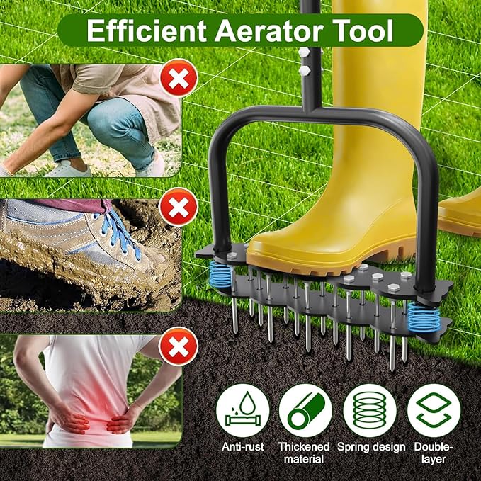 Lawn Aerator -Aerator Lawn Tool with 14 Iron Spikes, Automatic Dirt and Leaf Clean with Spring-Loaded Design, Height Adjustable Metal Manual Aerator, Soil Loosening, Yard Aerating, Garden Tool