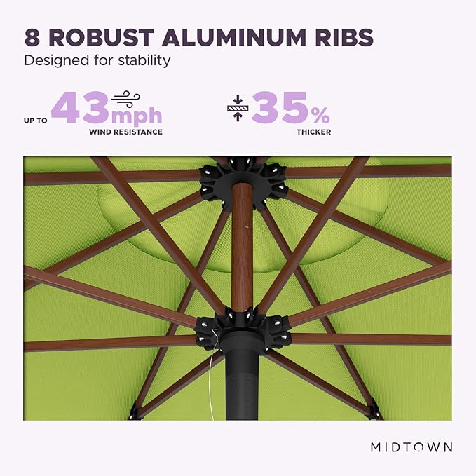 Midtown Umbrellas The Wooden 9 Feet Patio Umbrella With Sunbrella Macaw Acrylic Fabric - Aluminum Frame Market Umbrella For Backyard, Deck, Garden, Pool - Wooden Pole