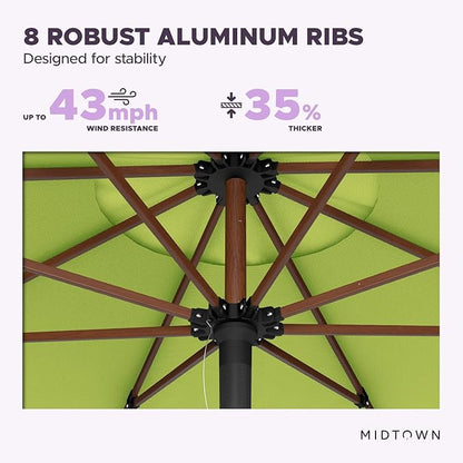 Midtown Umbrellas The Wooden 10 Feet Patio Umbrella With Sunbrella Macaw Acrylic Fabric - Aluminum Frame Market Umbrella For Backyard, Deck, Garden, Pool - Wooden Pole