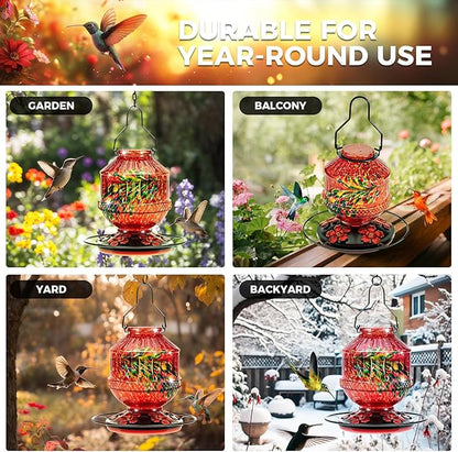 Blown Glass Hummingbird Feeders for Outdoors, 25 Ounces Wild Bird Nectar Feeder with Perch & 5 Flower Feeding Ports Leak Proof Hanging for Garden Backyard Decor, Gifts for Women Mom, Red