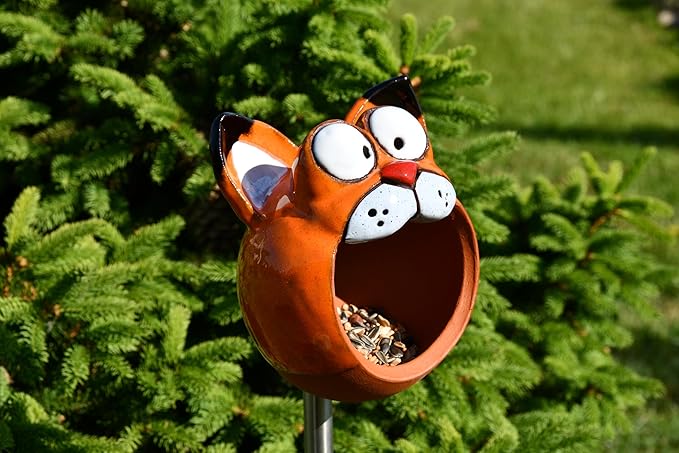 Ceramic Garden Decor - Cat Lawn stake - Bird Feeder - Outdoor statue - Perfect, unique gifts for gardeners woman, men - Handmade, Frostproof