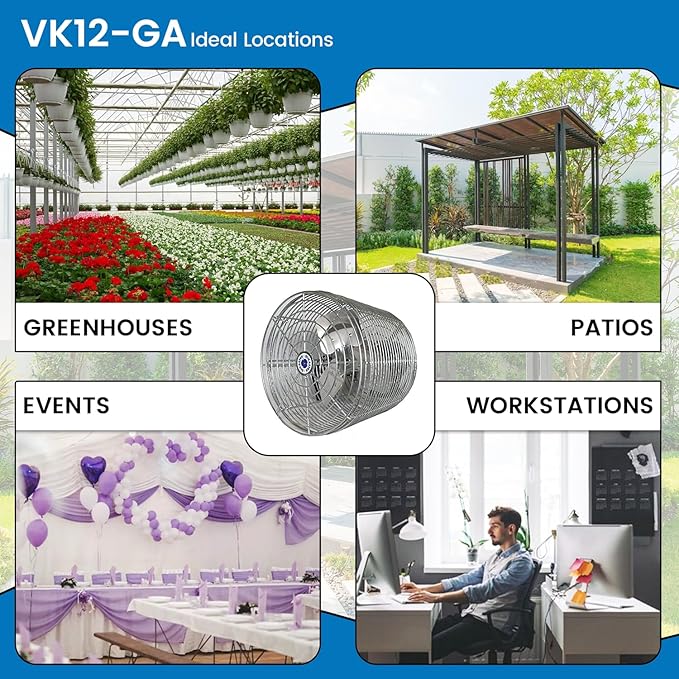 Schaefer VK12-GA VersaKool Air Circulator Fan, Ceiling Wall Mount & Aluminum Blade, 1470 CFM, 1/10 hp, Energy-Efficient Commercial Fan for Patio, Garage, Industrial & Workshop (Silver)