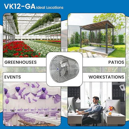 Schaefer VK12-GA VersaKool Air Circulator Fan, Ceiling Wall Mount & Aluminum Blade, 1470 CFM, 1/10 hp, Energy-Efficient Commercial Fan for Patio, Garage, Industrial & Workshop (Silver)