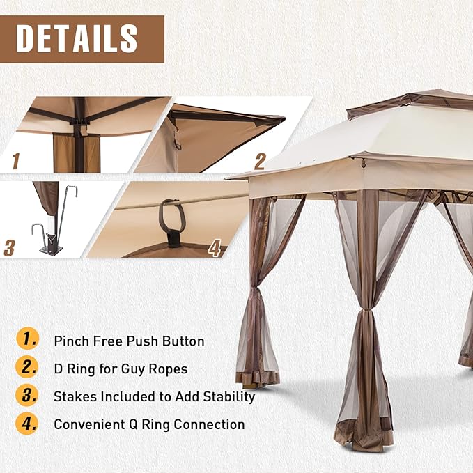 11x11 Outdoor Pop up Gazebo Tent with Mesh Walls for Patio, Lawn, Backyard and Deck, Beige