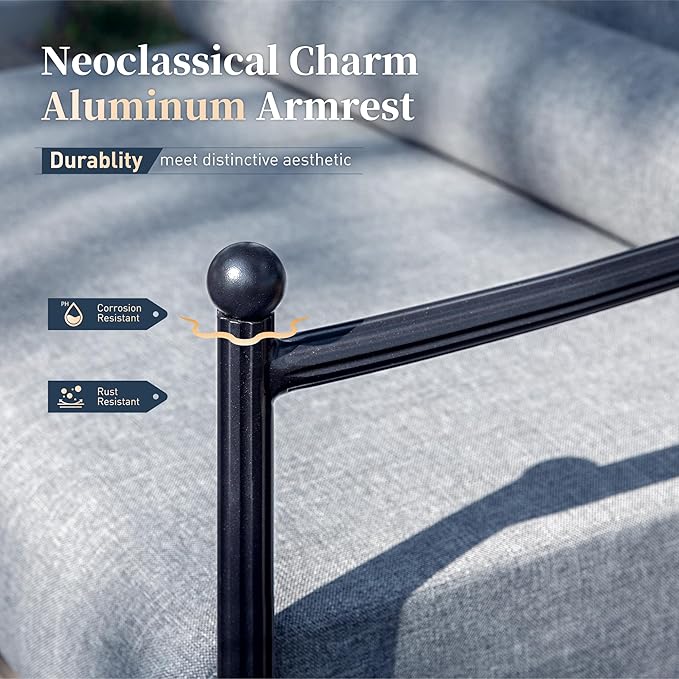 Patio Conversation Set,5 Pcs Metal Outdoor Furniture Set with Aluminum Armrest,3-Seater Sofa,2 Fixed Chairs,Metal Nested Table and 7.1" Extra Thick Cushion,Grey