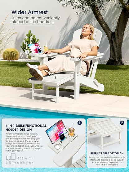 KINGYES Adjustable Folding Adirondack Chair with Footrest & 4-in-1 Multi-Functional Armrest Organizer Set of 4, HDPE Foldable Reclining Adirondack Chair with Pull-Out Ottoman, White