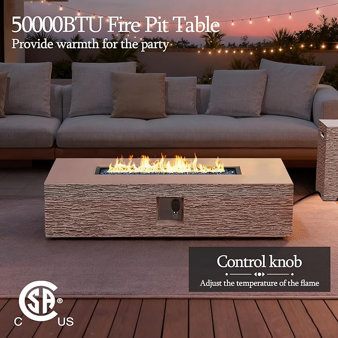 UPHA 56-inch Outdoor Propane Gas Fire Pit Table 50000 BTU Concrete Round FirePit for Outside Patio with Propane Tank Cover, Blue Glass Rocks, Rain Cover, Beige Texture