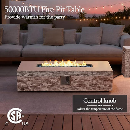 UPHA 56-inch Outdoor Propane Gas Fire Pit Table 50000 BTU Concrete Round FirePit for Outside Patio with Propane Tank Cover, Blue Glass Rocks, Rain Cover, Beige Texture